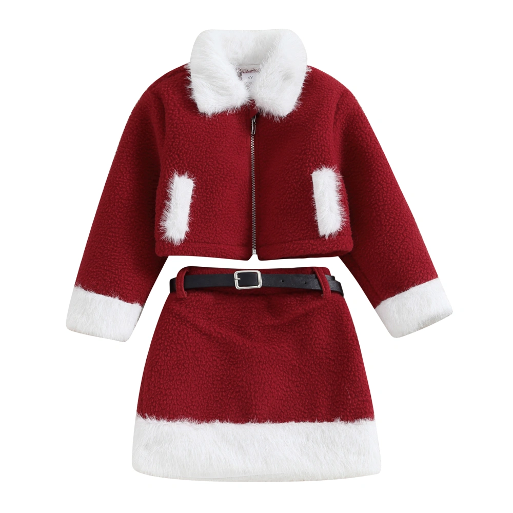 Girls Christmas Outfit, Furry Patchwork Zipped Jacket Skirt Belt