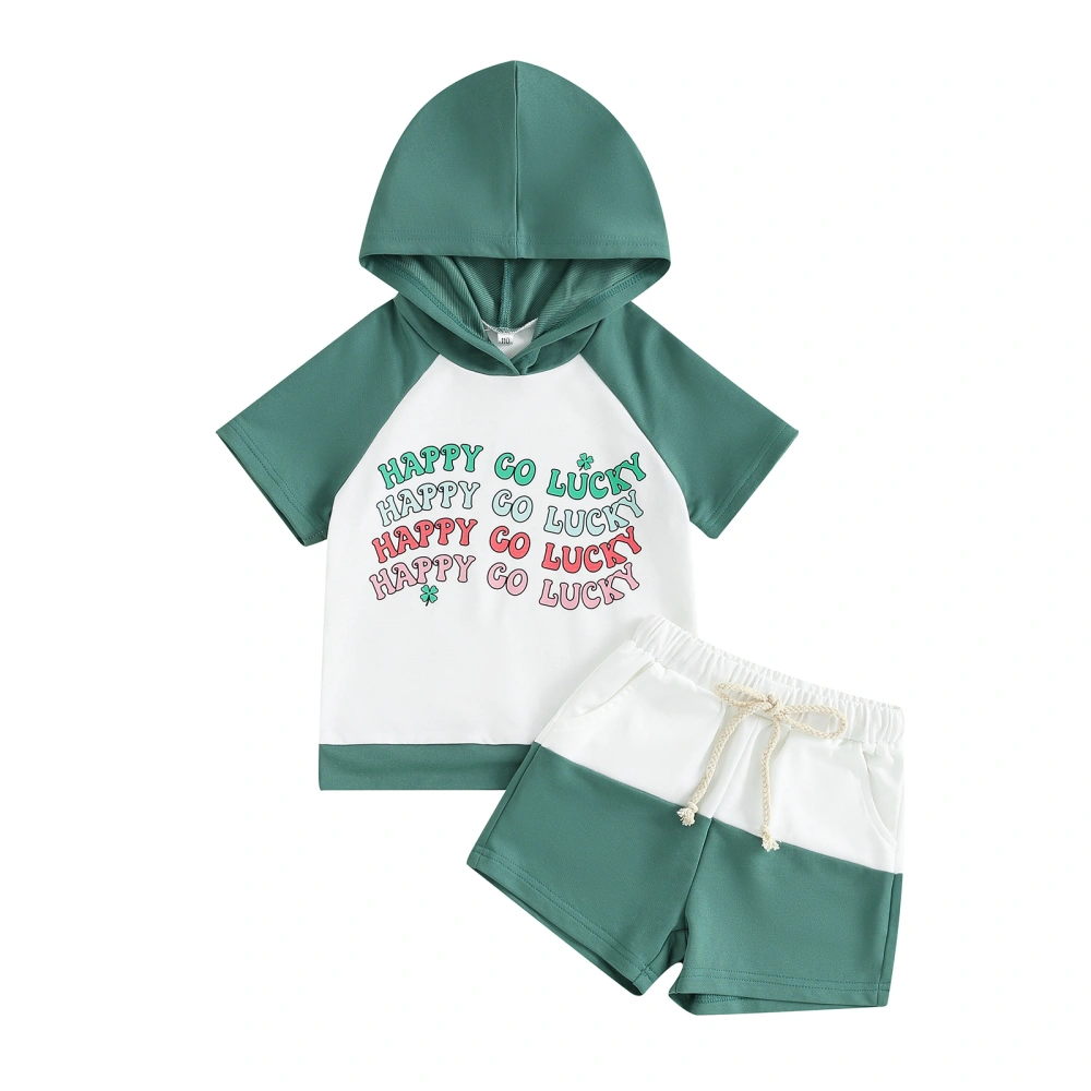 Boys Shorts Set, Letters Print Hooded T-shirt Contrast Color Shorts