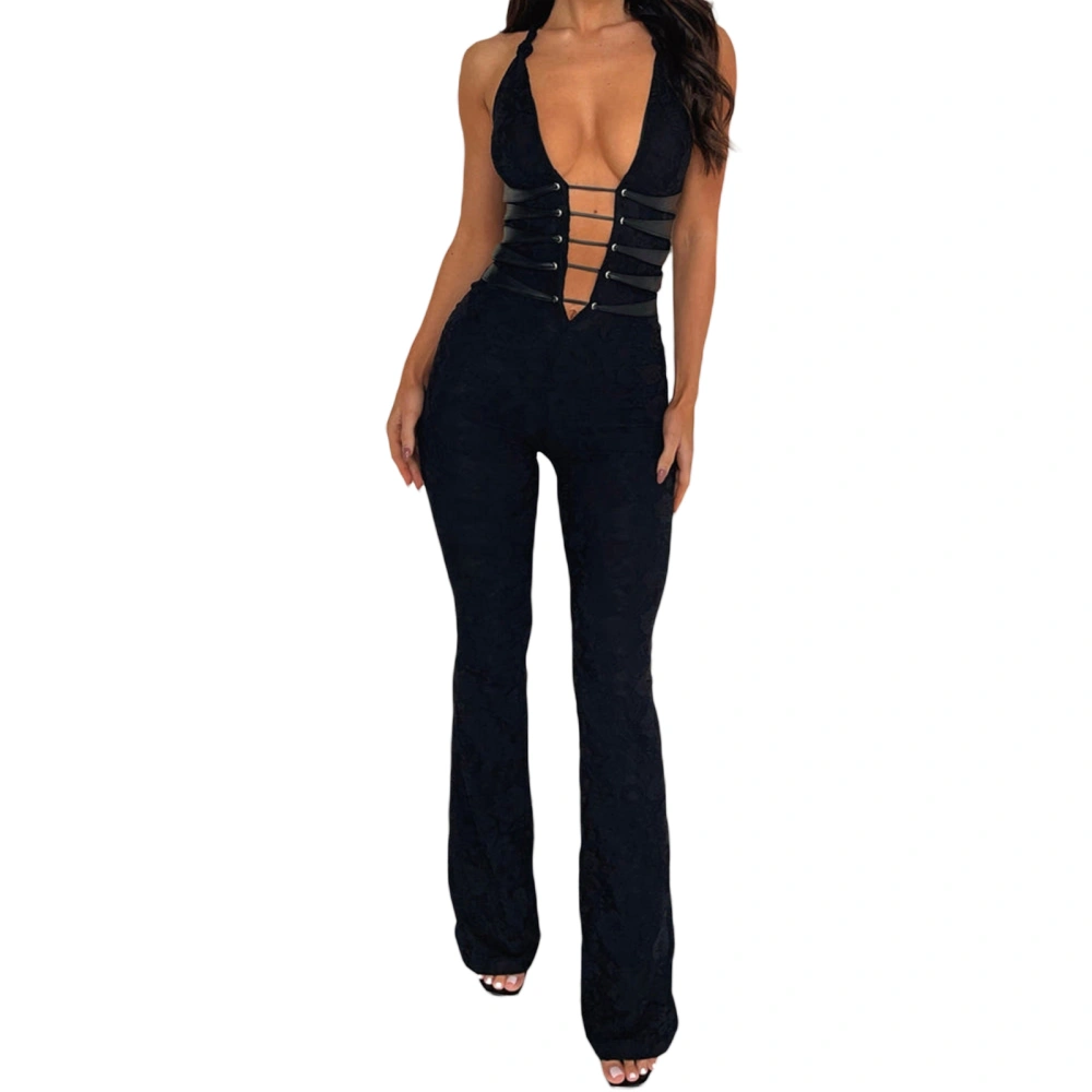 Women Lace Jumpsuits Halter Neck Cross Backless Long Rompers