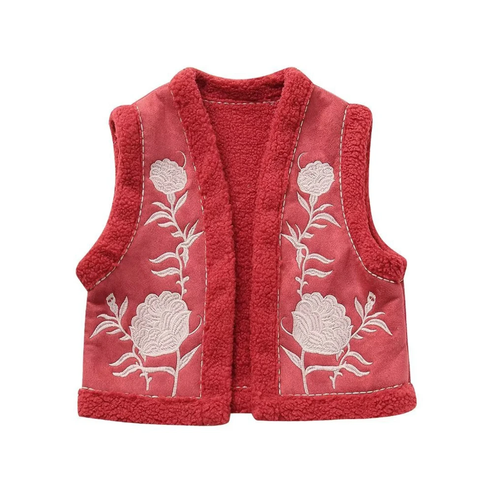 Women’s Fleece Crop Vest Flower Embroidery Sleeveless Fuzzy Jacket 