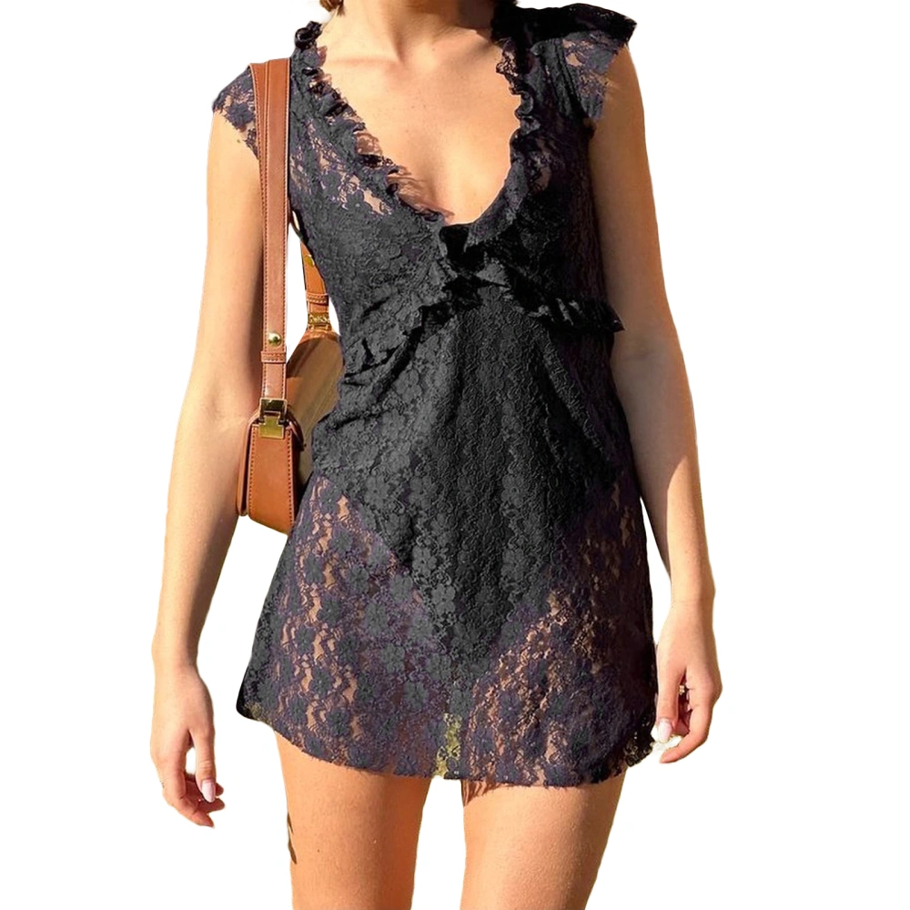 Women Summer Casual Mini Dress Fly Sleeve Ruffles V-Neck Lace Dress