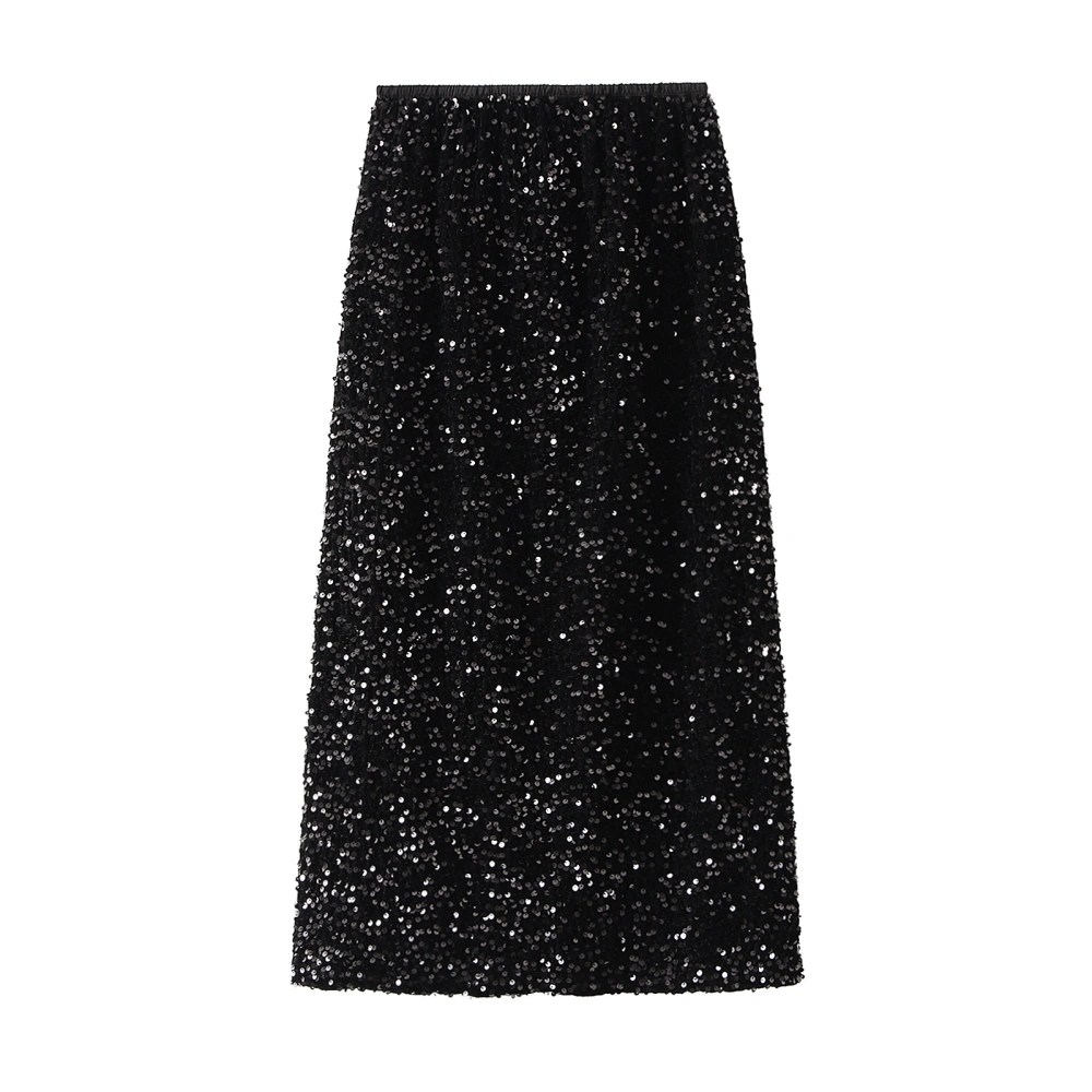 Women Long Skirt, Elegant Elastic Waist Shiny Sequins Casual Skirt