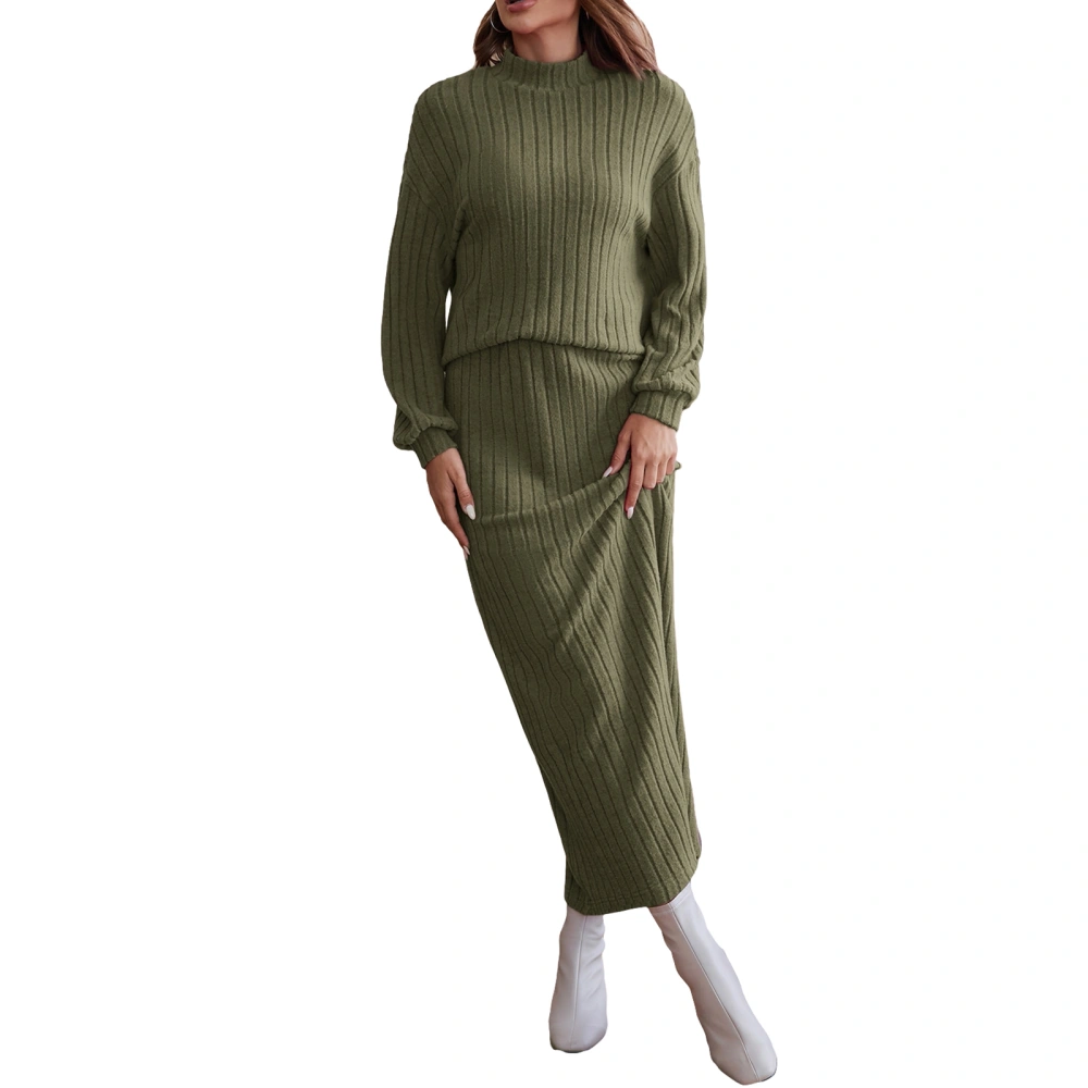 Women 2 Piece Knitted Outfit Ribbed Half Turtleneck Tops and Skirt Set