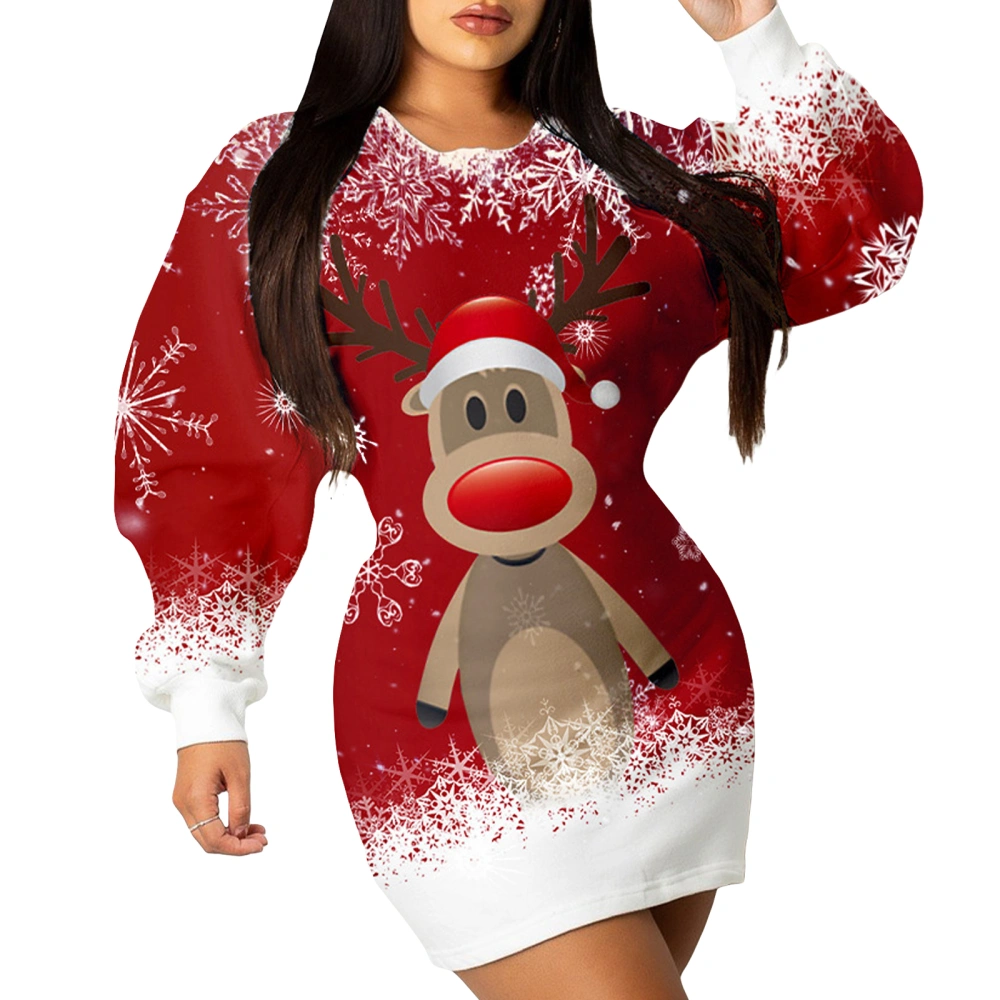 Women Long Sleeve Dress Elk/Snowman Print Christmas Party Mini Dress