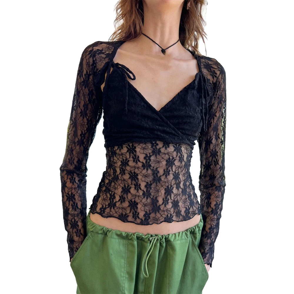 Women Crop Lace Tops See-Through V Neck Long Sleeve Basic Shirt