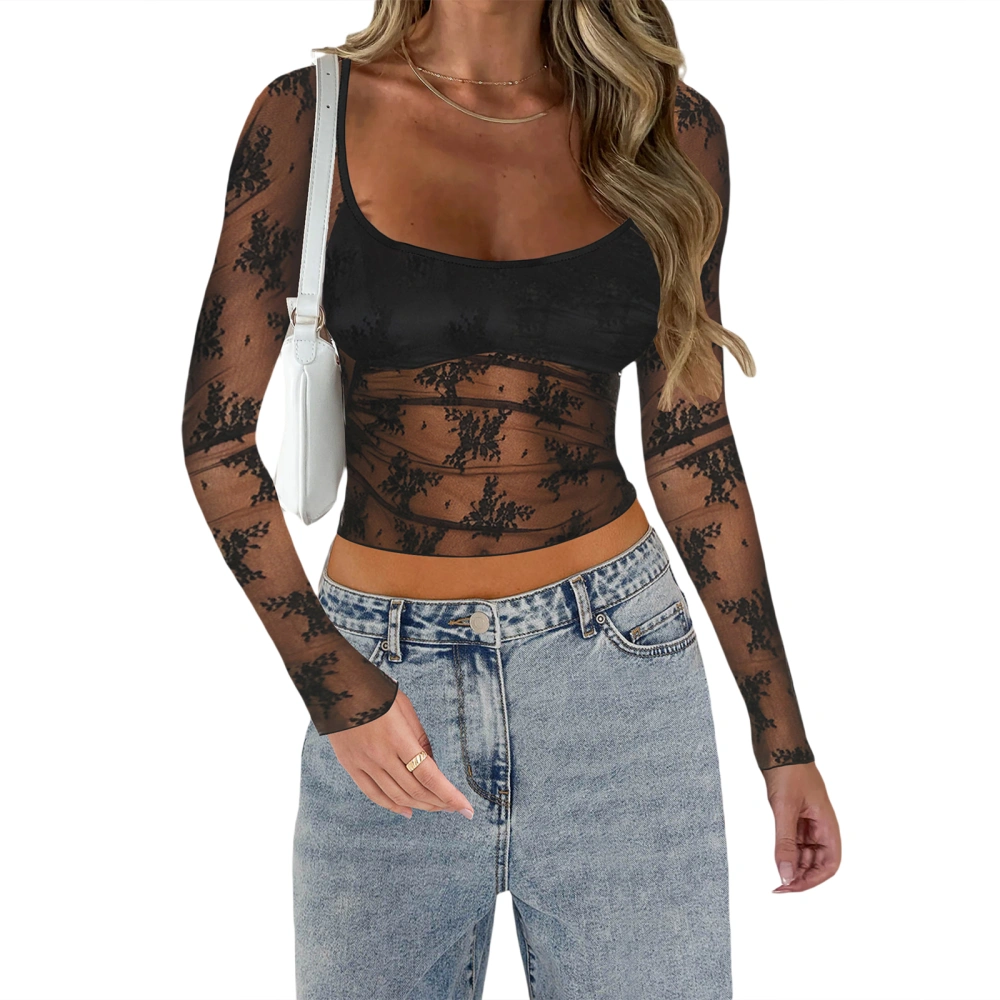 Women's Summer Black Long Sleeve U Neck Sheer Lace Floral T-shirt