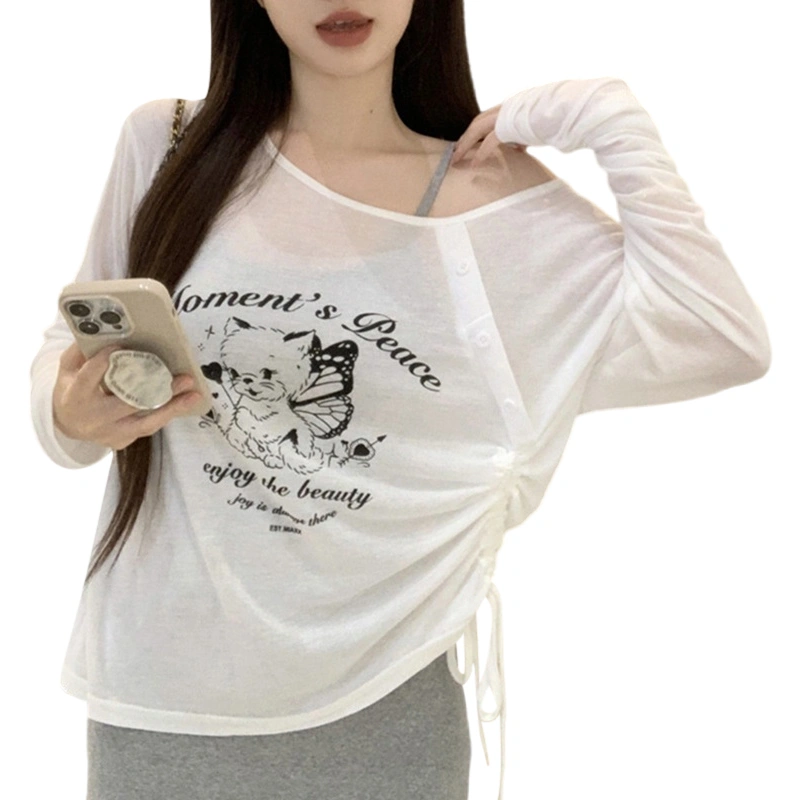 Women Long Sleeve T-Shirts Cartoon Animal Letter Print Casual Shirts