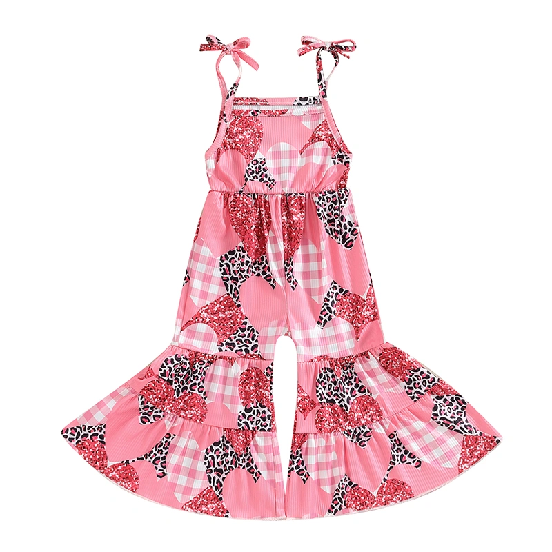 Baby Girl Romper Jumpsuit Plaid Heart Print Bell Bottom Overalls