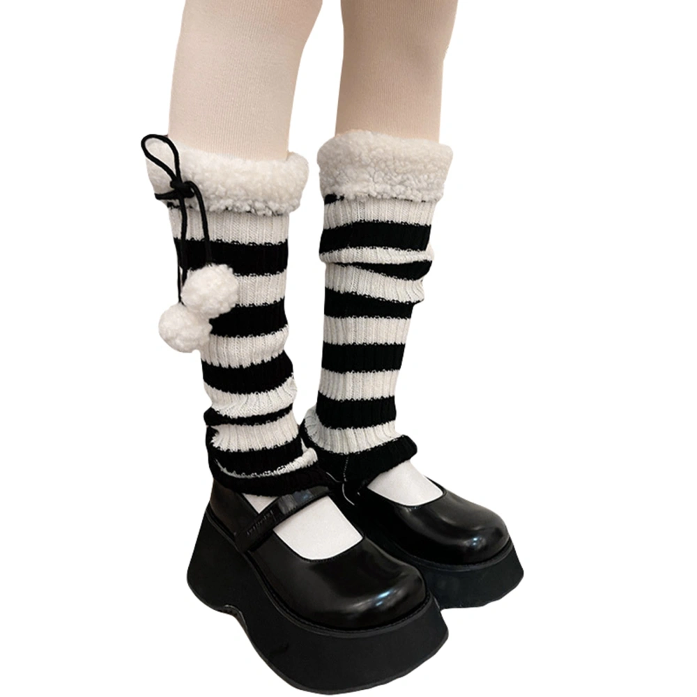 Women's Knit Leg Warmers Striped Print Fleece Top Knee High Socks