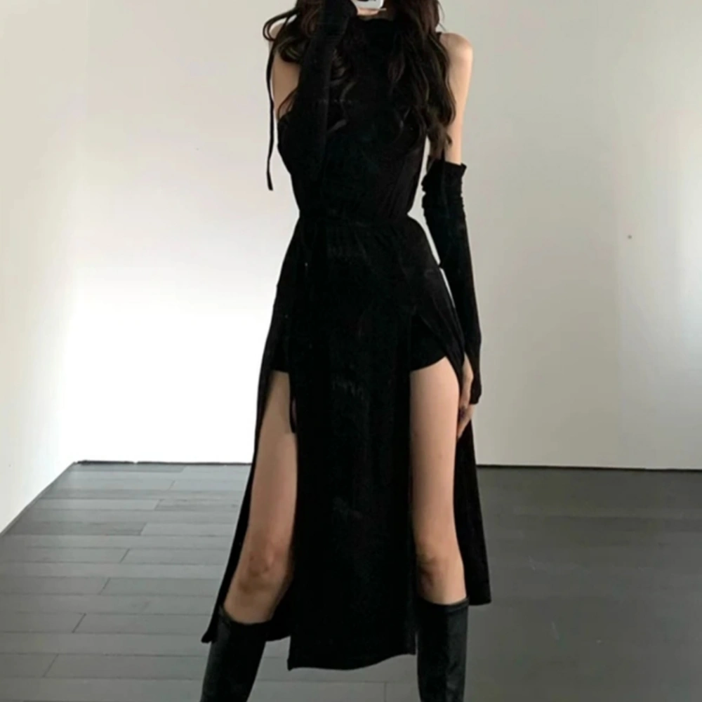 Women's Retro Irregular Hooded Slit Long Dress