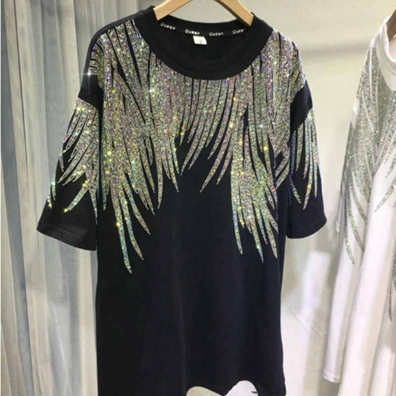 Heavy Embroidery Hot Drilling T-shirt Men's And Women's Mid-length Short Sleeve