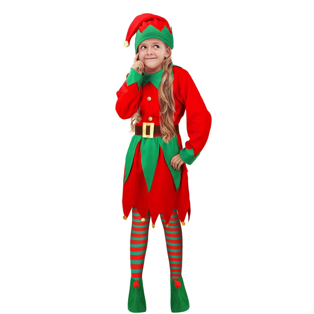 Girls Elf Costume Tops Striped Tights Earrings Elf Ear Hat Shoes Cane