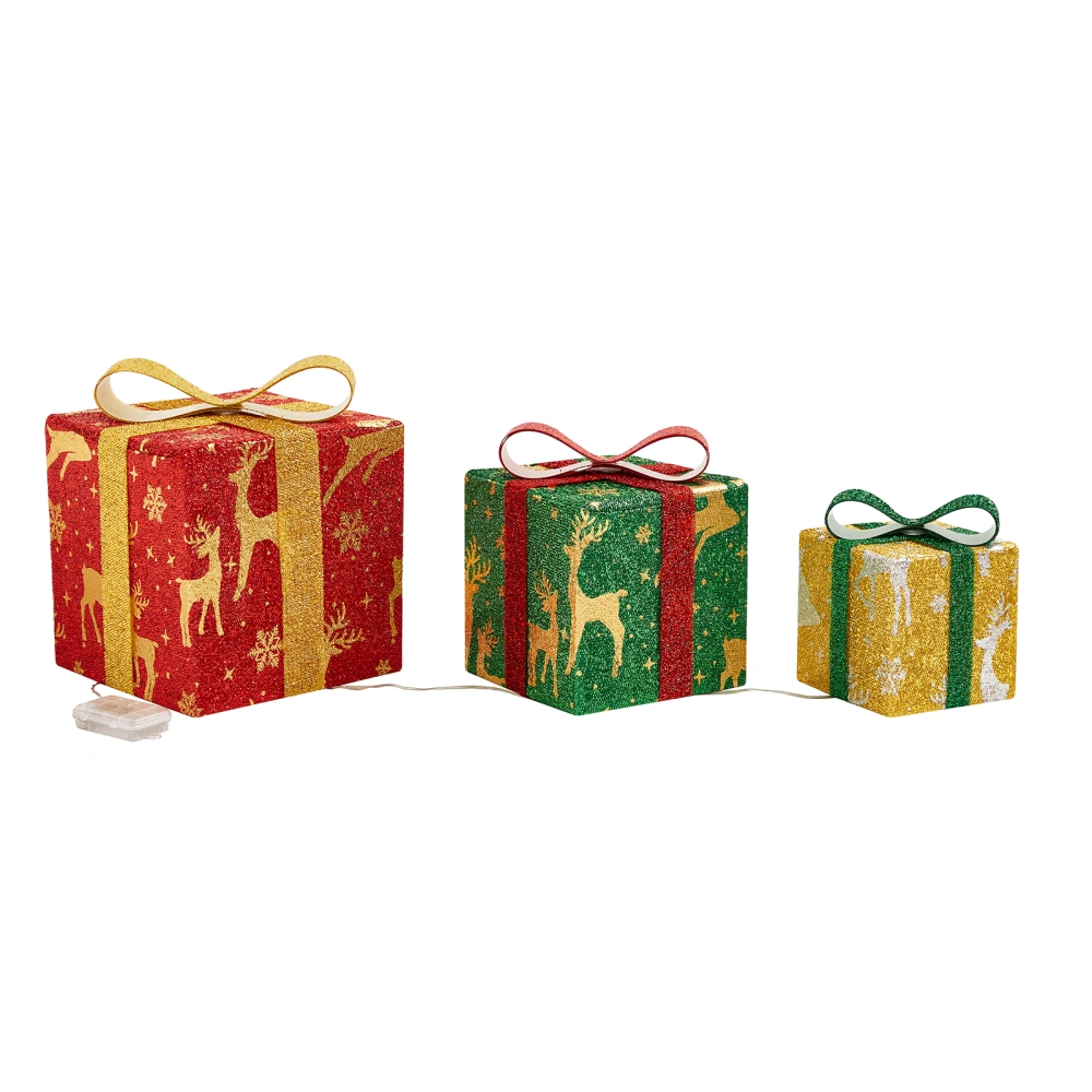 Christmas Lighted Gift Boxes with Ribbon Bows LED String Lights Decor