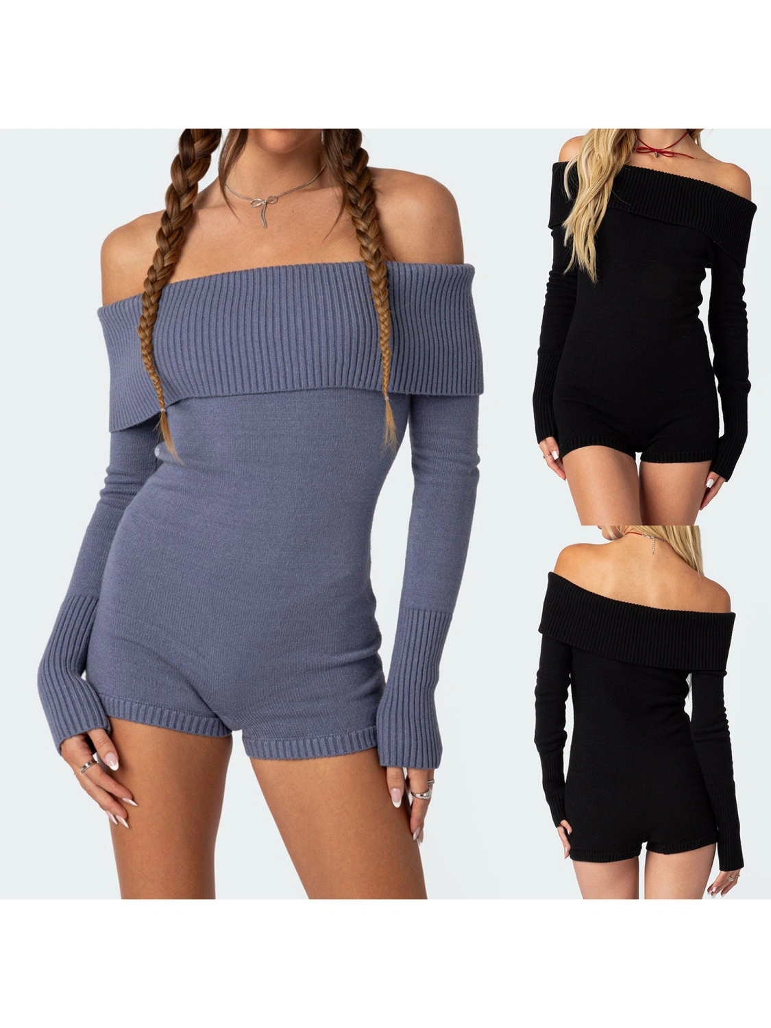 Women Knit Playsuits Solid Color Boat Neck Off Shoulder Jumpsuits