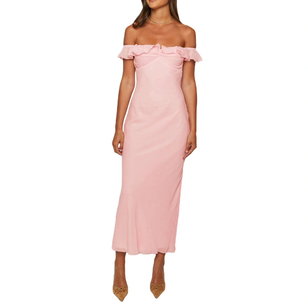 Women's Summer Pink Backless Off Shoulder Long Evening Dress