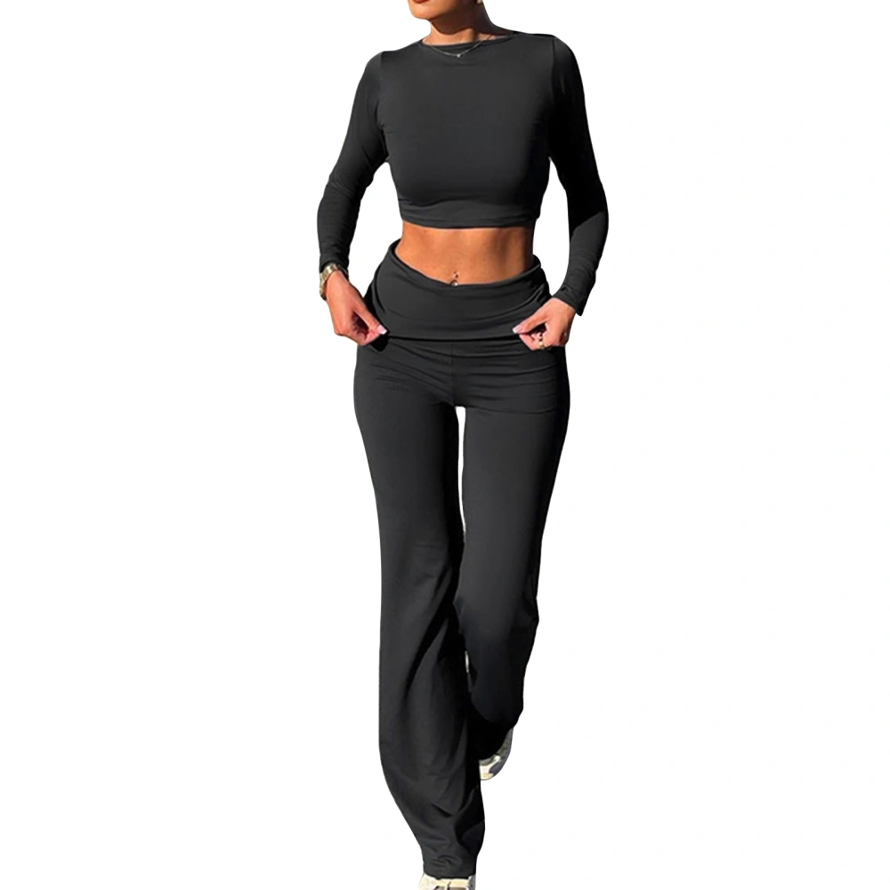 Women 2 Piece Spring Outfits Long Sleeves Crop Tops and Bootcut Pants 