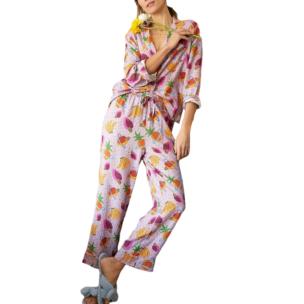 Women Pajama Set, Fruit Print Long Sleeve Button Closure Tops Pants