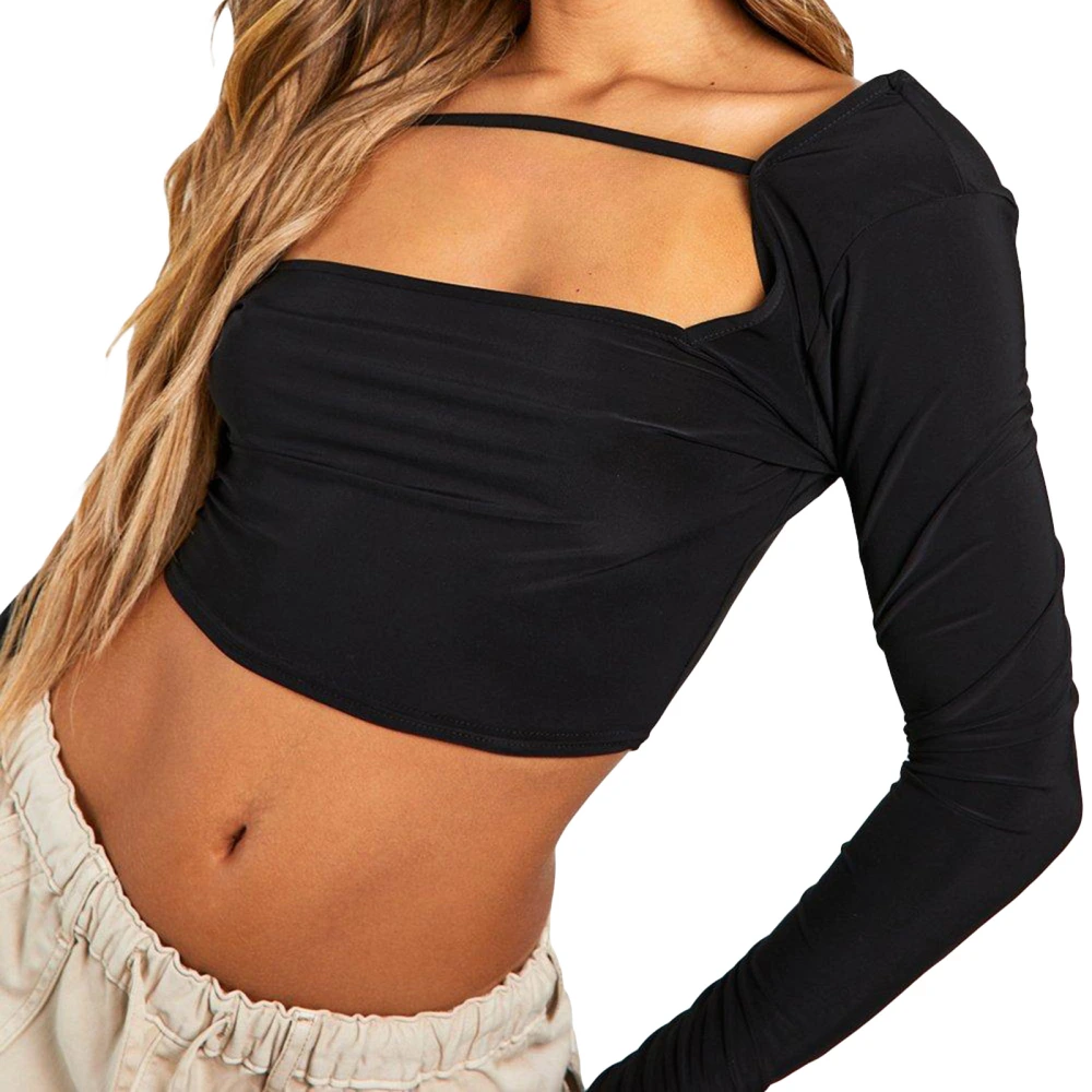 Women Solid Color Crop Tops Square Neck Long Sleeve T-Shirts