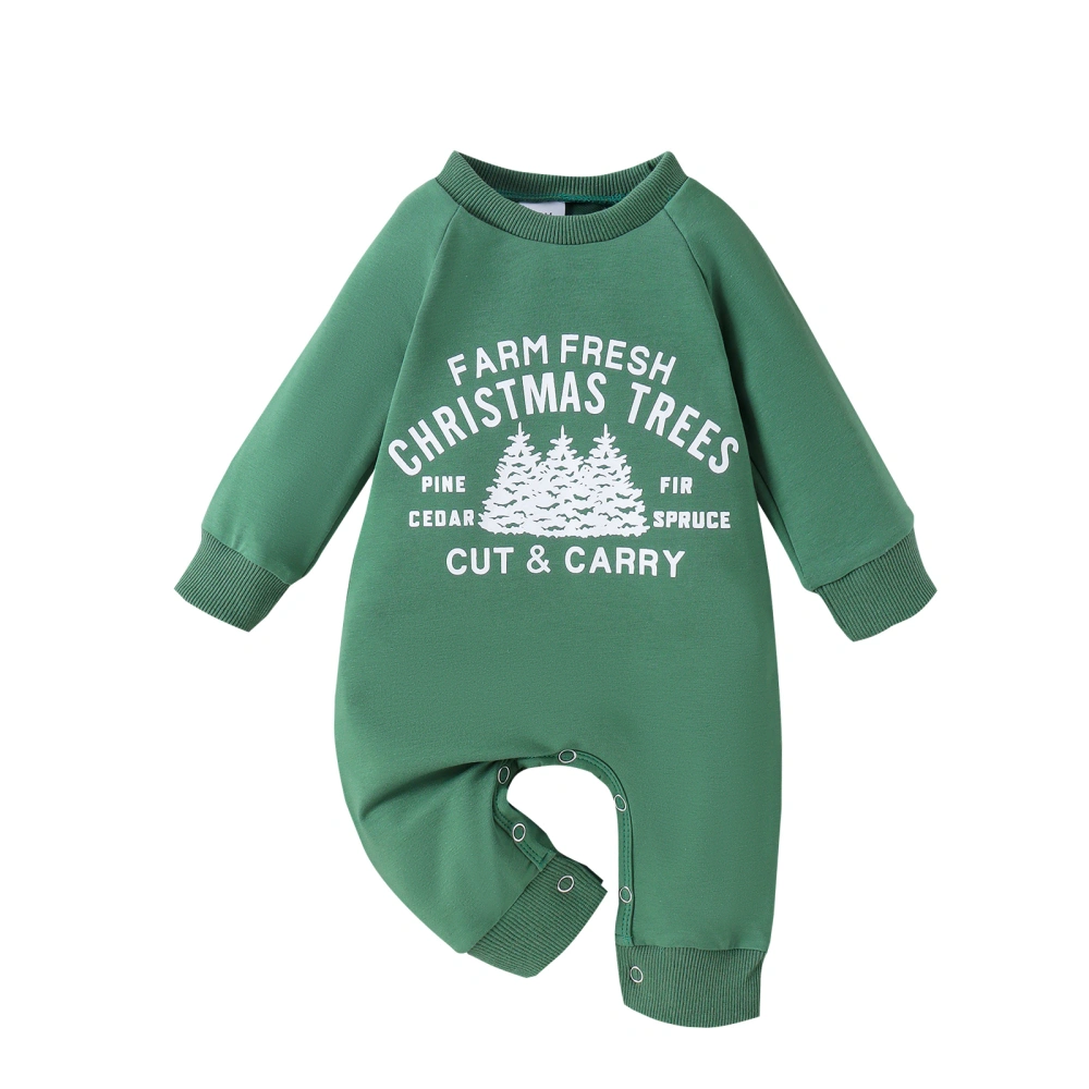 Baby Long Sleeve Crew Neck Letter Christmas Tree Print Jumpsuit