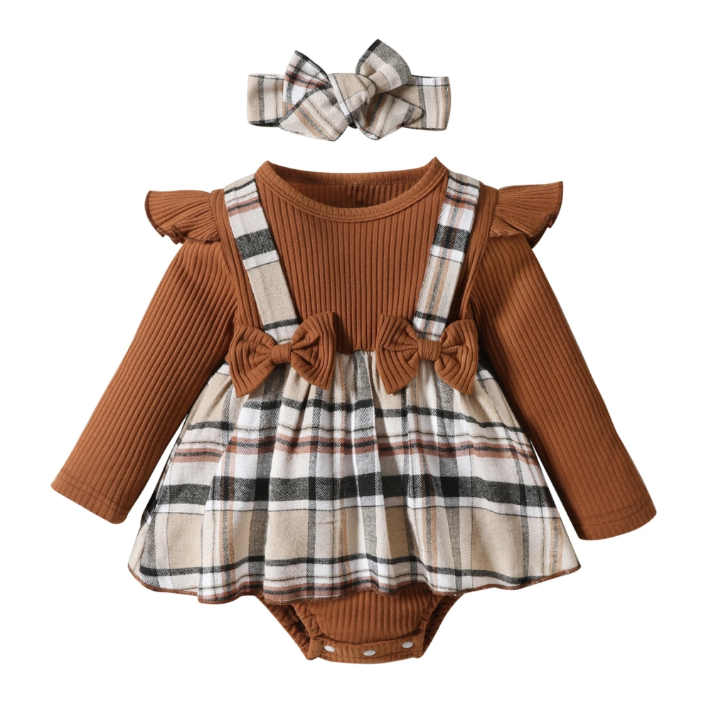 Newborn Girl Outfit, Long Sleeve Plaid Patchwork Romper Dress Headband