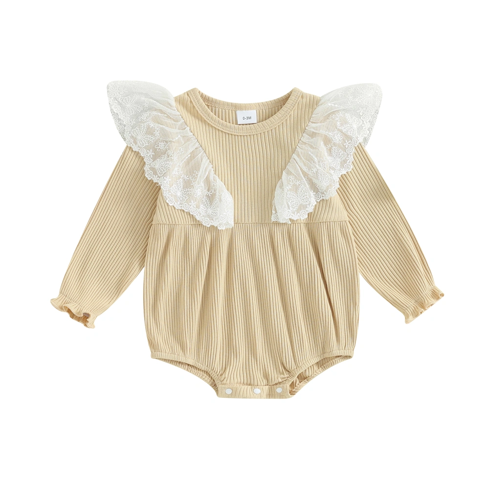 Baby Girls Autumn Long Sleeve Crewneck Ribbed Lace Ruffle Romper