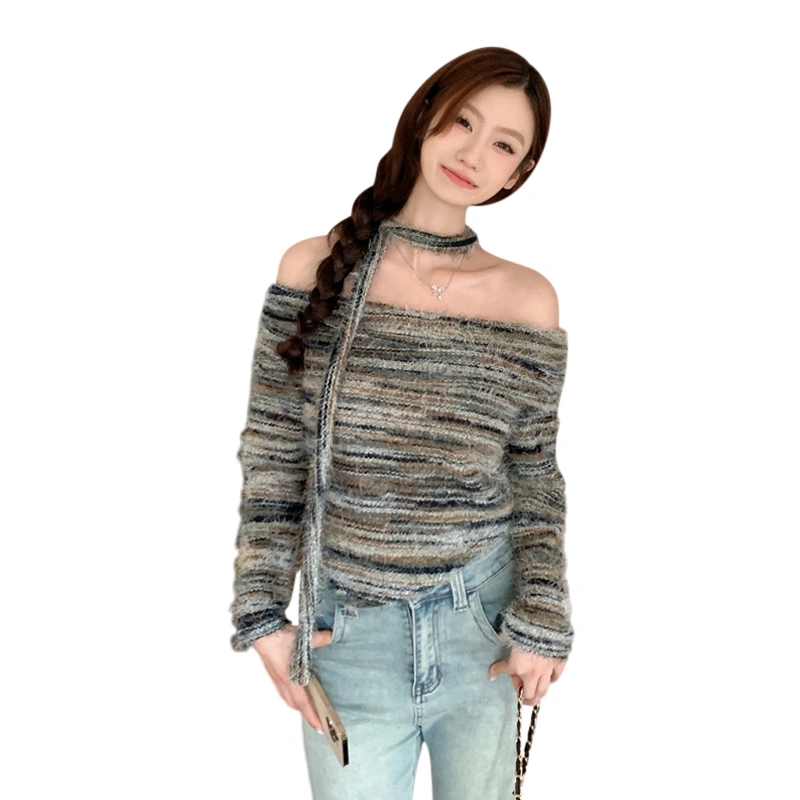 Women Knit Tops, Off-shoulder Mix Color Irregular Sweater with Scarf