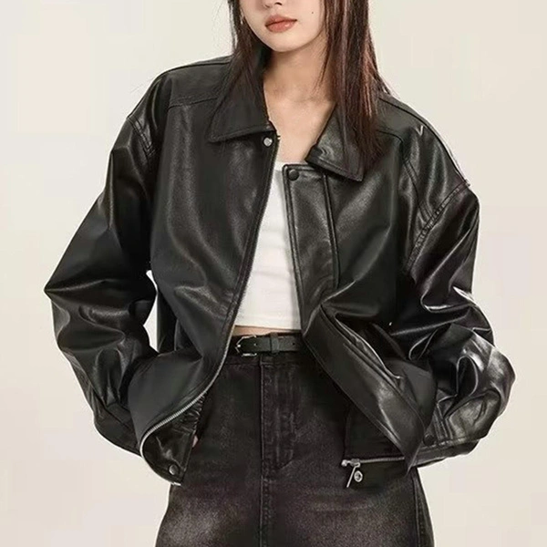 Women Faux Leather Jacket Luxury Women Coat Women's Faux Leather Jacket Long Sleeves Turn-down Collar Loose Fit Zipper Closure Solid Color for Women