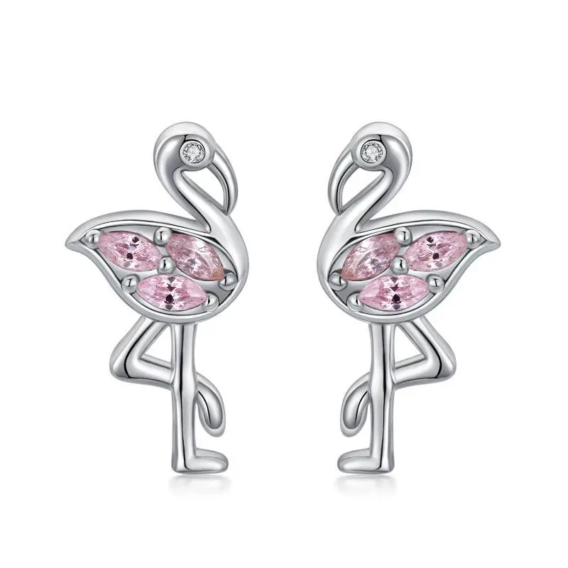 Pink Flamingo CZ Stud Earrings in White Gold Plated Sterling Silver 