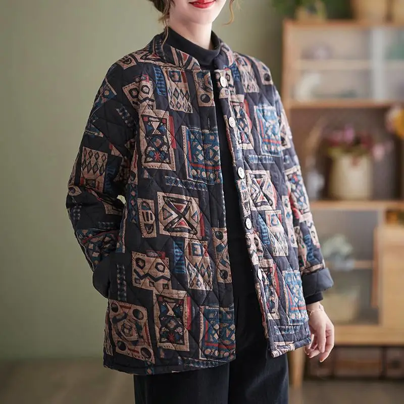 Ethnic Style Vintage Printed Quilted Stand Collar Jacket Winter Thick Cotton Coat