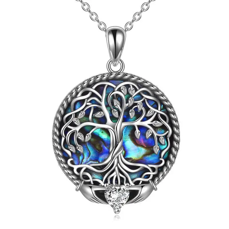 Claddagh Celtic Tree of Life Necklace with Abalone Shell for Women Sterling Silver