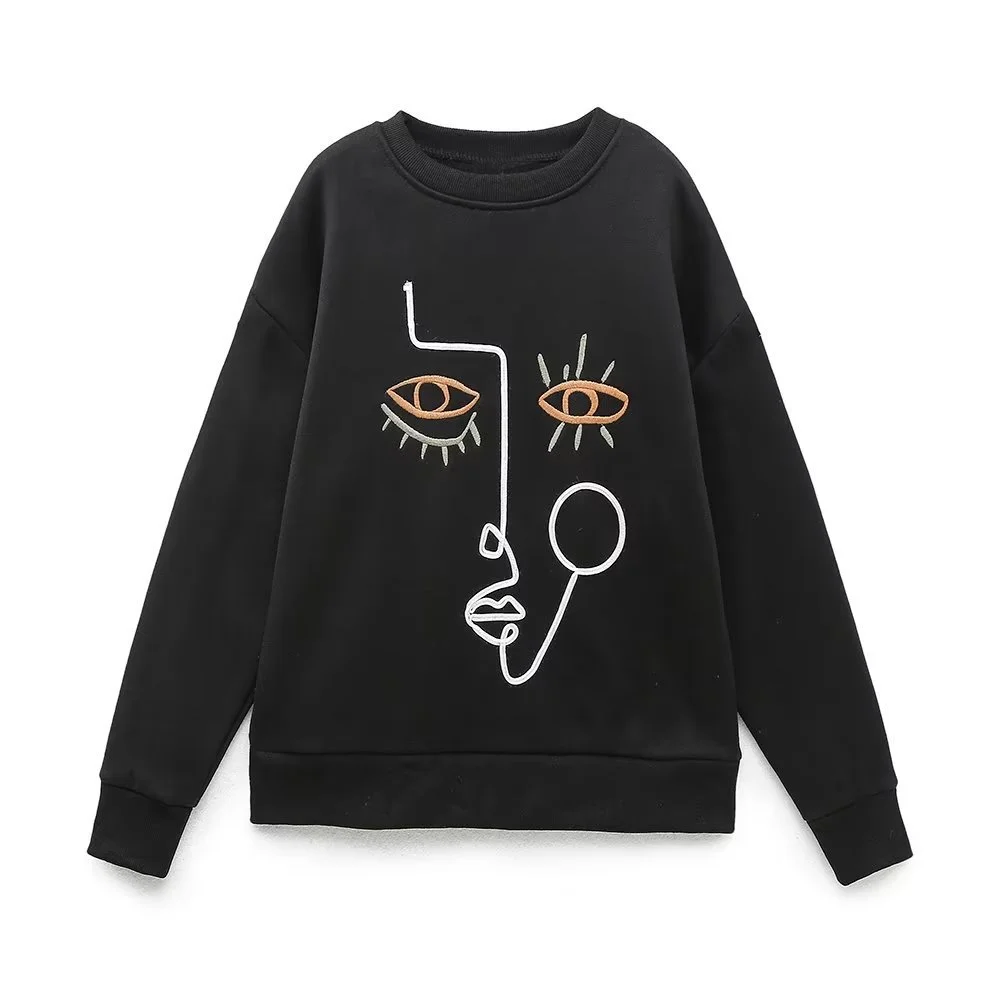 European And American Striped Facial Makeup Embroidered Pattern Loose Round Neck Sweater