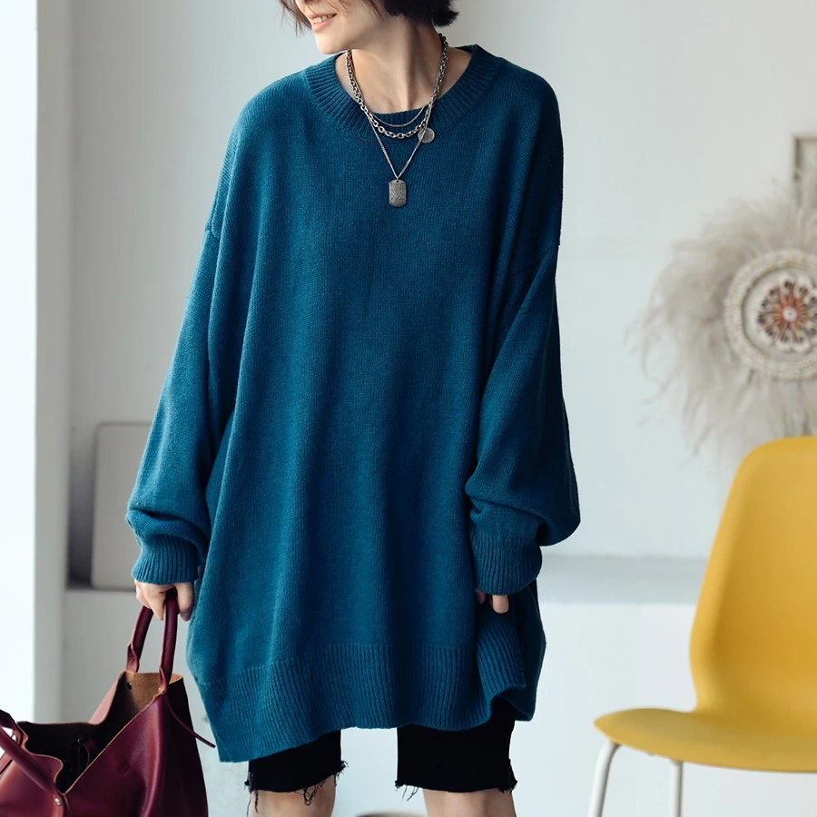Loose And Lazy Round Neck Mid Length Sweater For Women