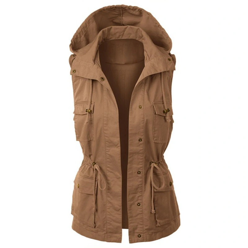 Women's Fashion Solid Color Work Vest Hooded Drawstring Coat