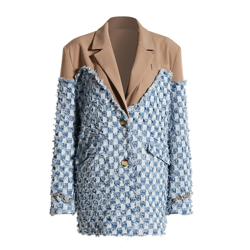 Cotton Design Sense Niche Suit Female Color Contrast Patchwork Plaid Washed And Worn Frayed Hem Denim Jacket