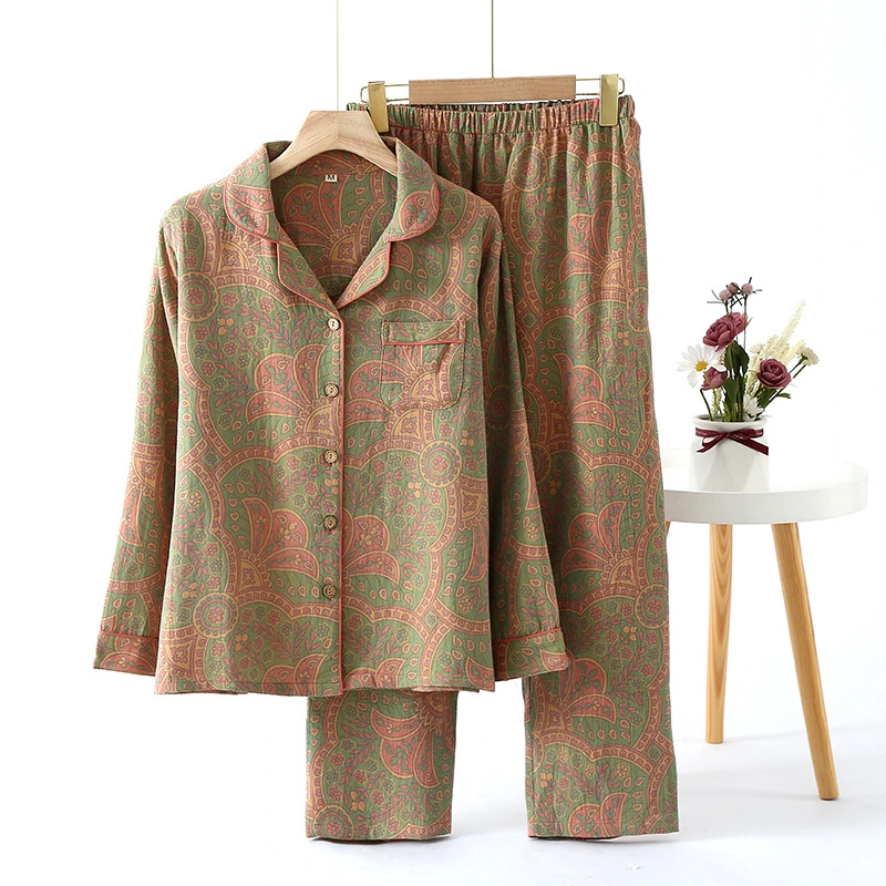 Women's Printed Thin Cotton Double-layer Gauze Long-sleeved Pajamas