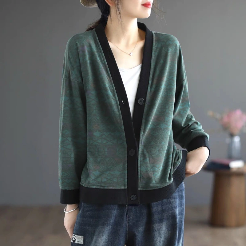 Loose Printed Long Sleeve Cardigan Short Coat