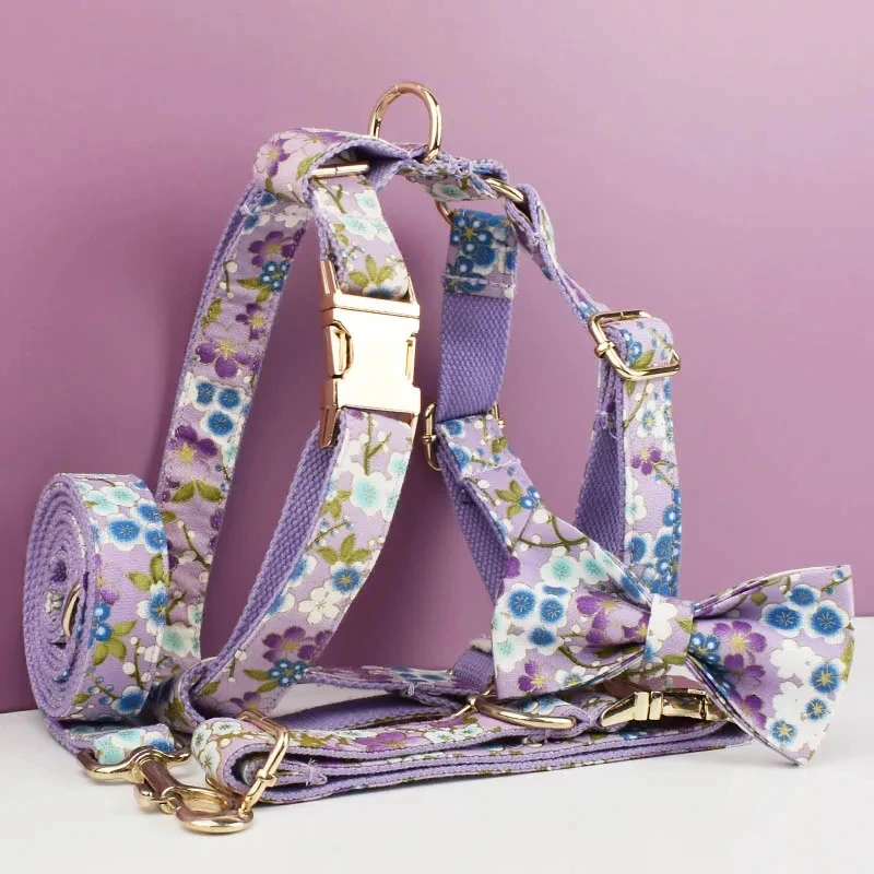 Purple And Wind Floral Dog Collar Hand Holding Rope Metal Bandana Bow Strap Out Shit Bag