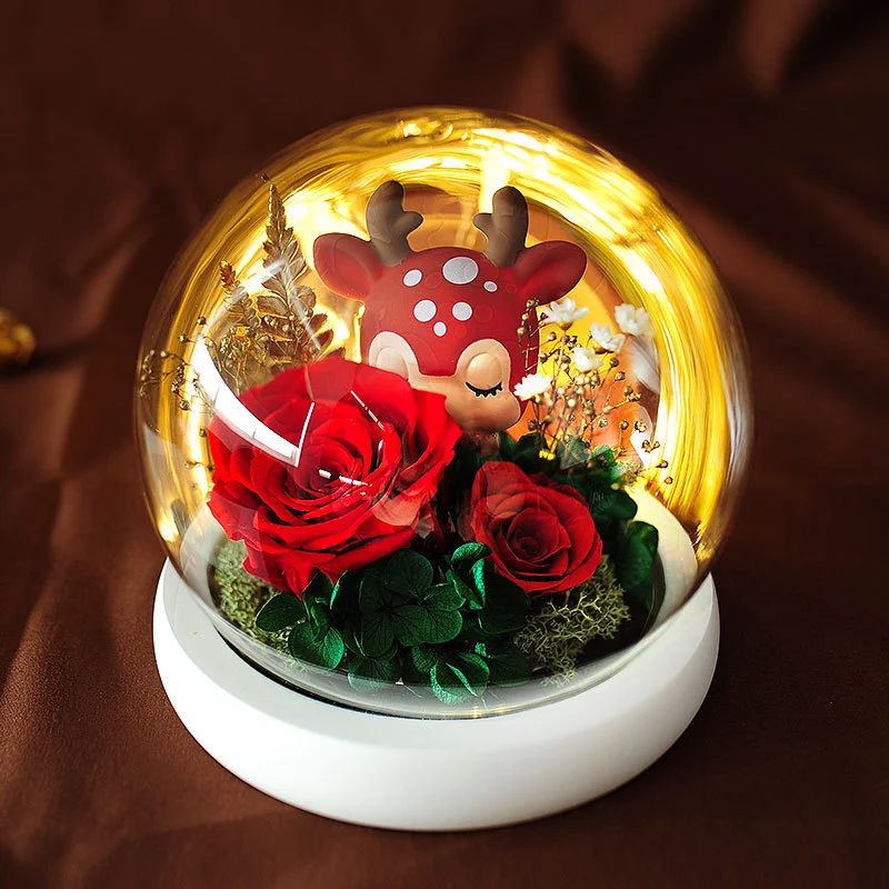 Preserved Flower Deer Doll Glass Cover Gift Box