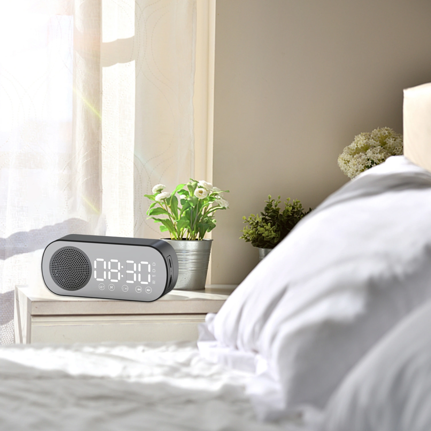 Digital Alarm Clock with Speaker Bluetooth FM Radio Mirror Clock