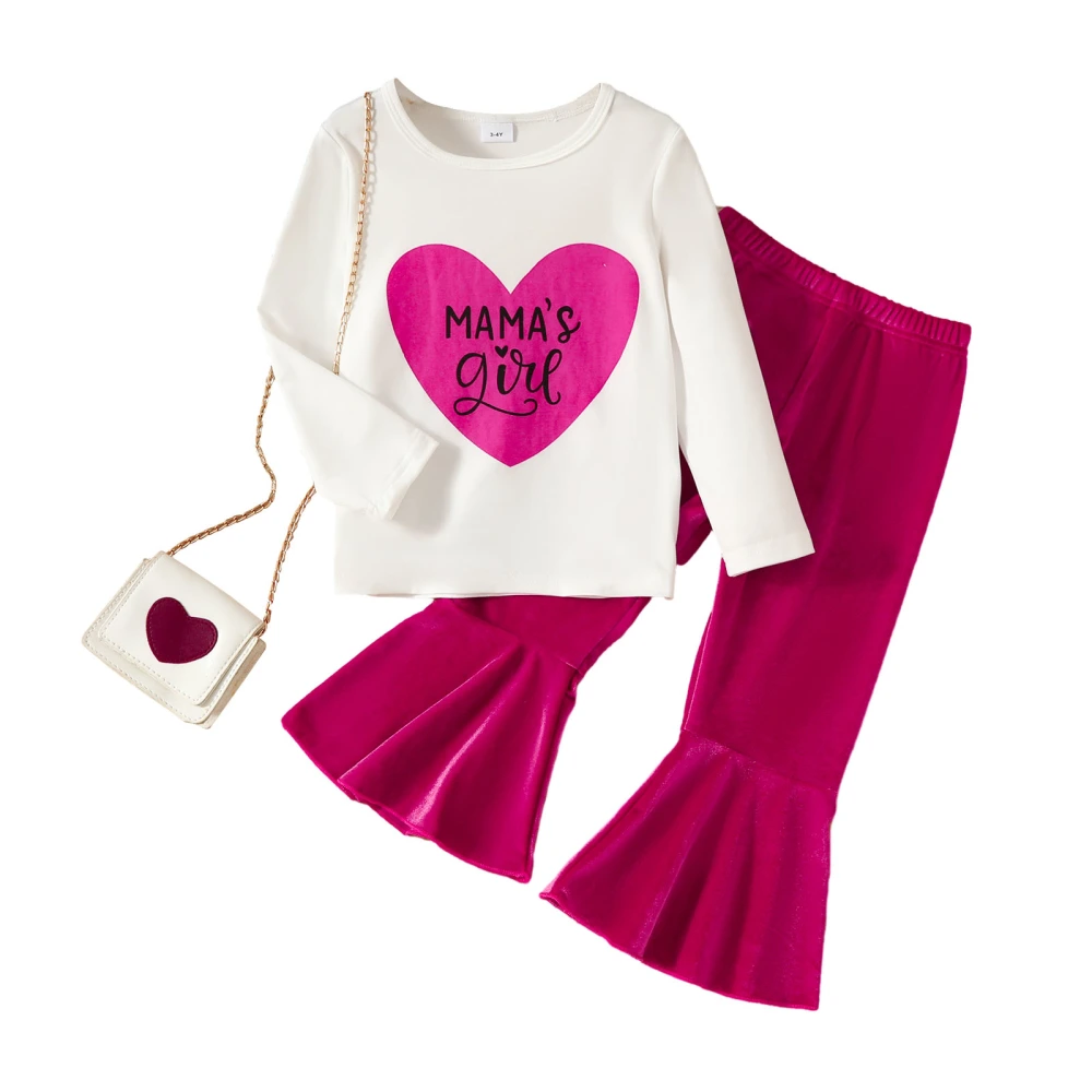 Girls Pants Set, Long Sleeve Letters Heart Print T-shirt with Pants