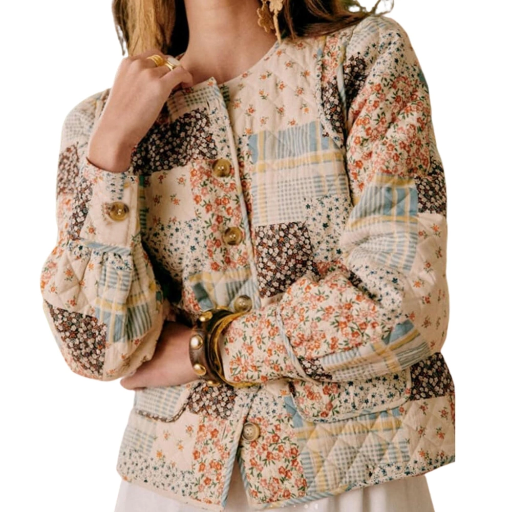 Women Fall Quilted Jacket Lightweight Floral Print Button Cardigan