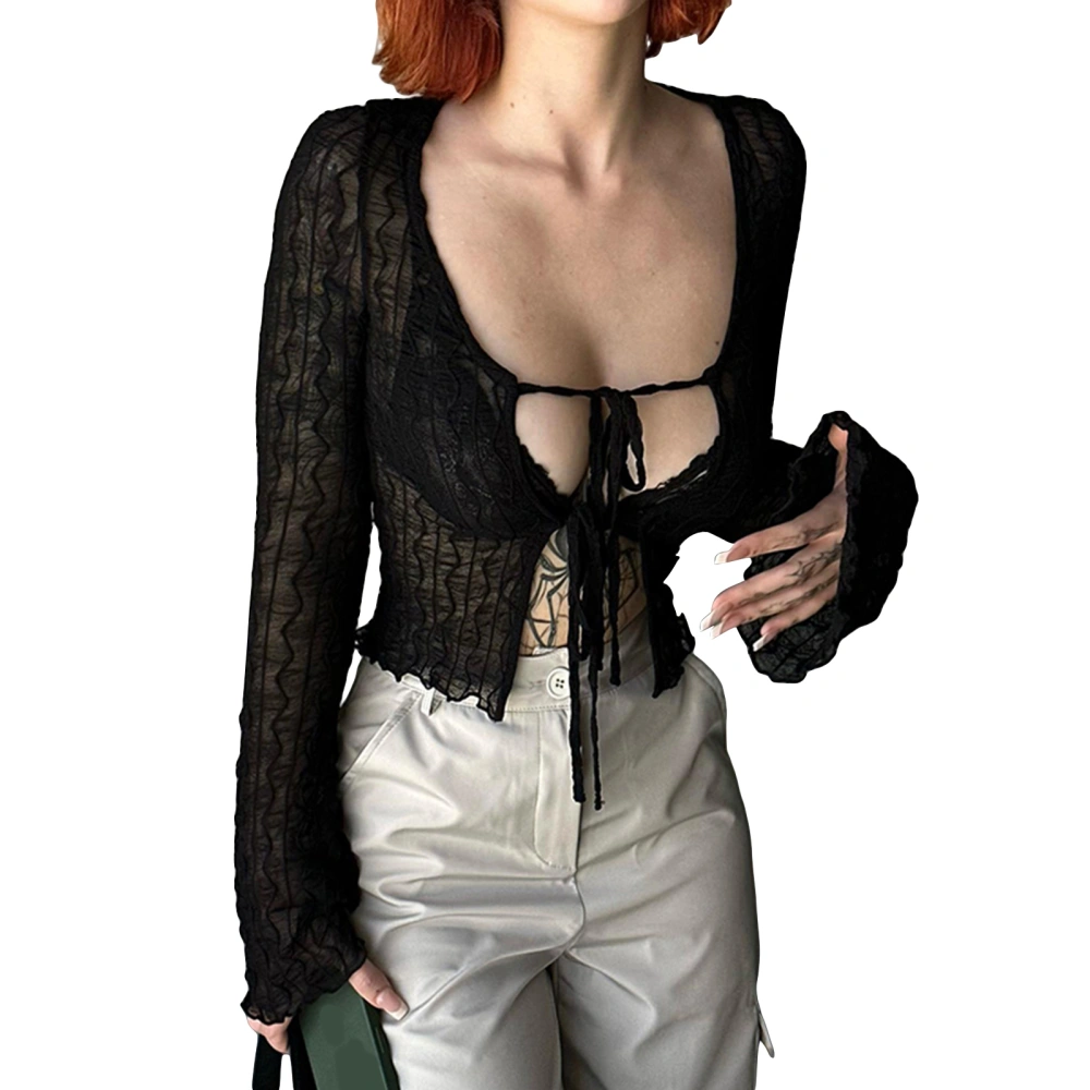 Women Long Sleeve Crop Tops Sheer Tie Front Shirt Casual Cardigan 