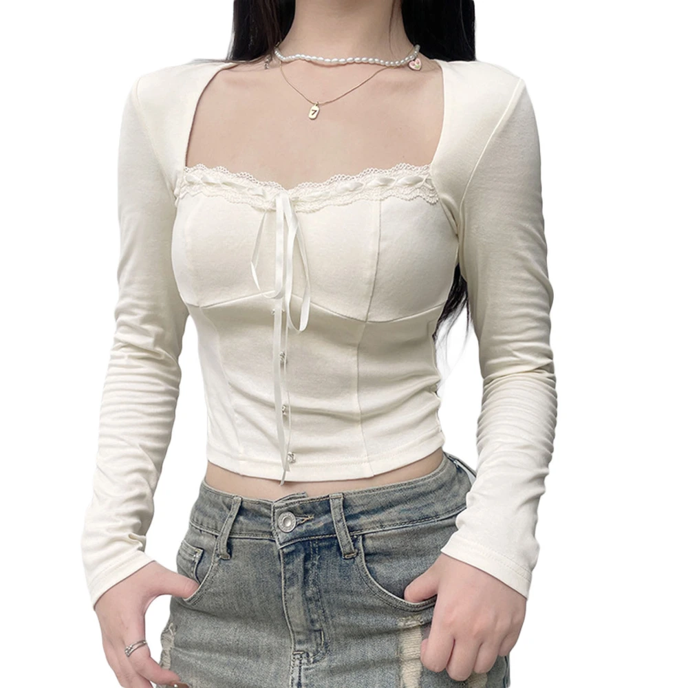 Women’s Button Front Crop Tops Long Sleeve Tie-up Slim Fit T-Shirts