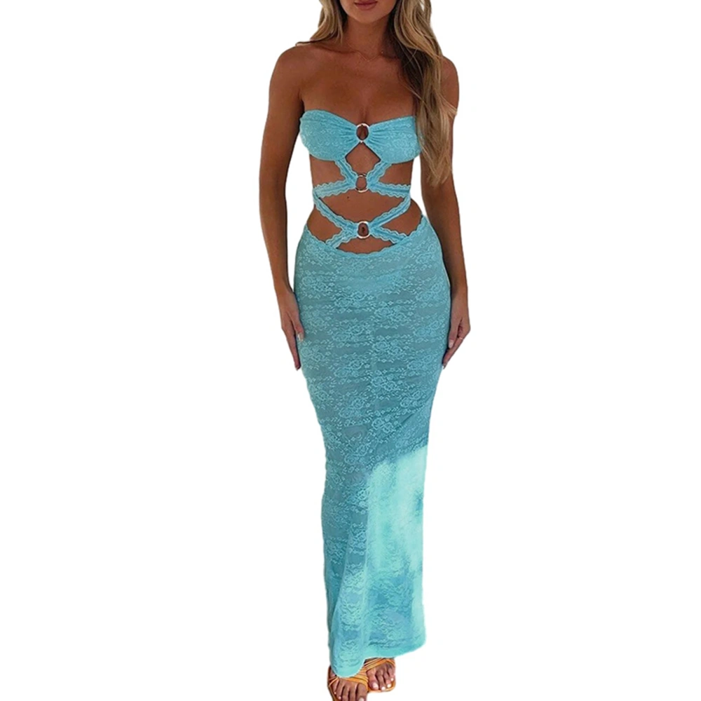 Women Long Bodycon Dress Lace Hollow-Out Boat Neck Tube Dress