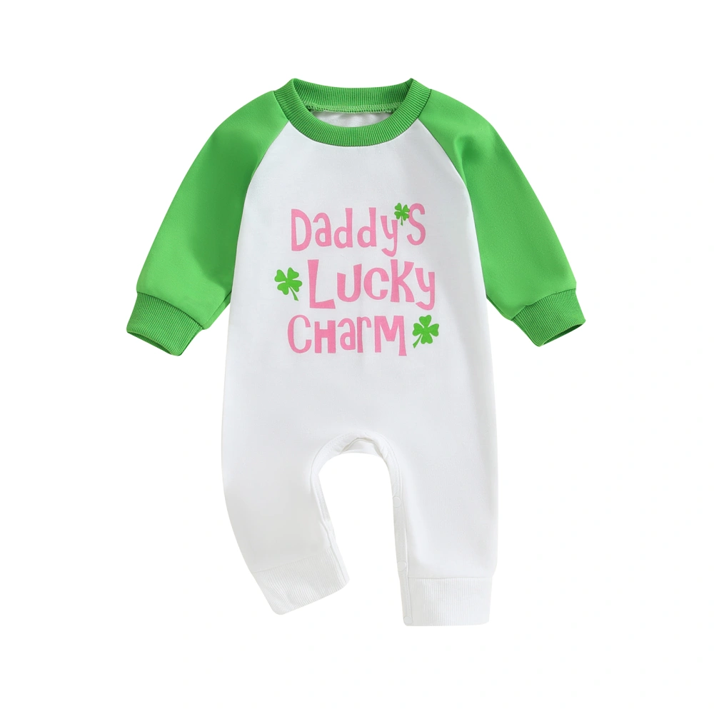 Baby Girl Long Sleeve Crew Neck Letter Four Leaf Clover Print Jumpsuit