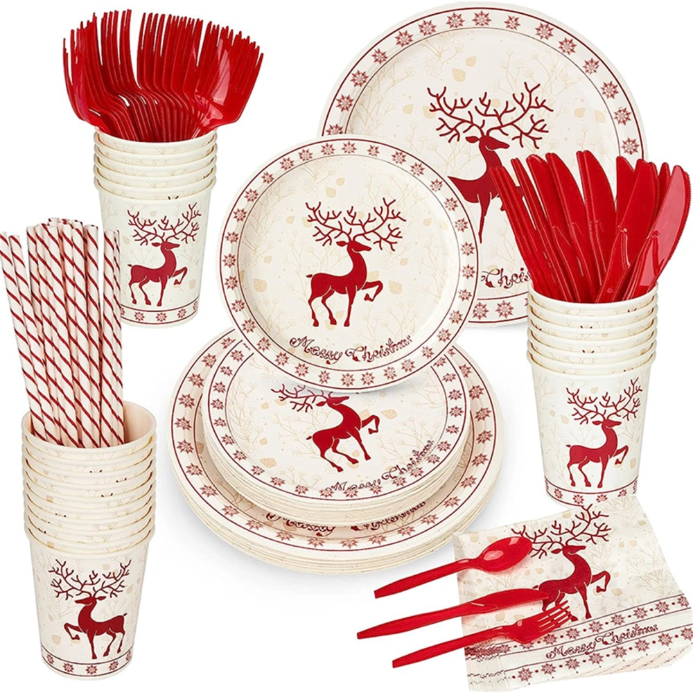 Christmas Tableware Set Dinner Plates,Cups, Napkins, Cutlery, Straws