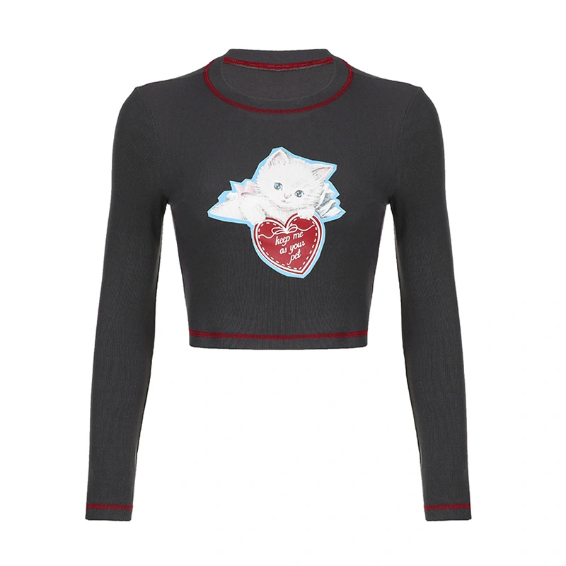 Women's Slim Fit Crop Tops Casual Long Sleeve Cat Heart Print T-Shirts