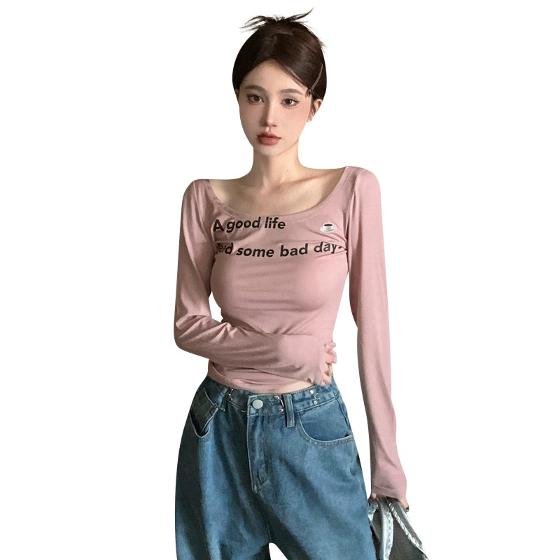 Women’s Black Letter Print Round Neck Slim Long Sleeve Shirt 