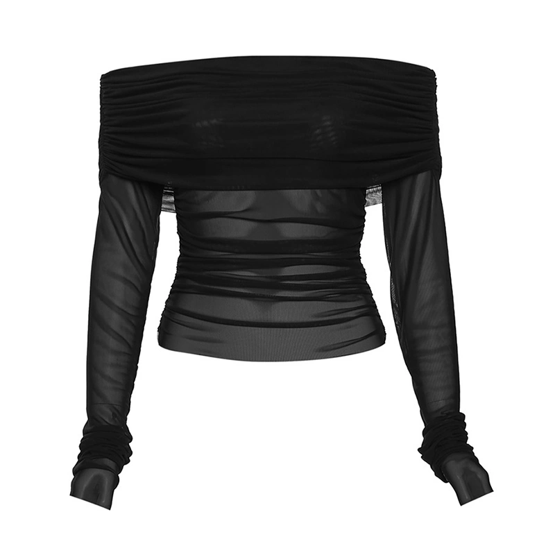 Women's Black Long Sleeve Off Shoulder Ruched Sheer Mesh T-shirt