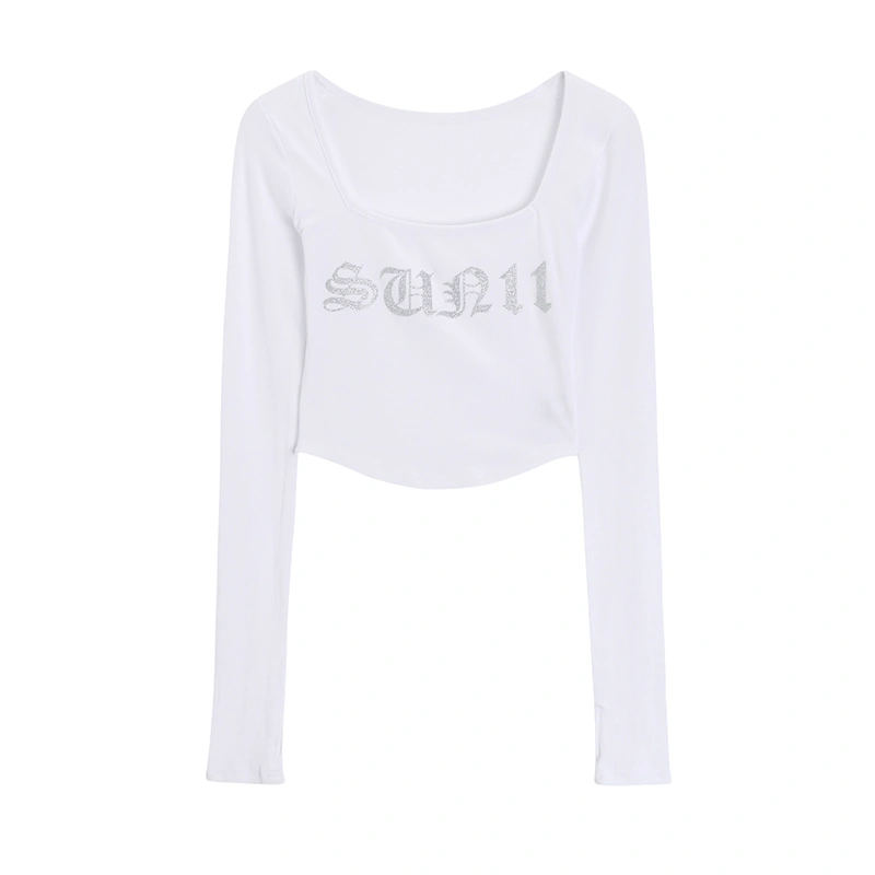 Women's Letter Print Crop Tops Long Sleeve Square Neck T-Shirts